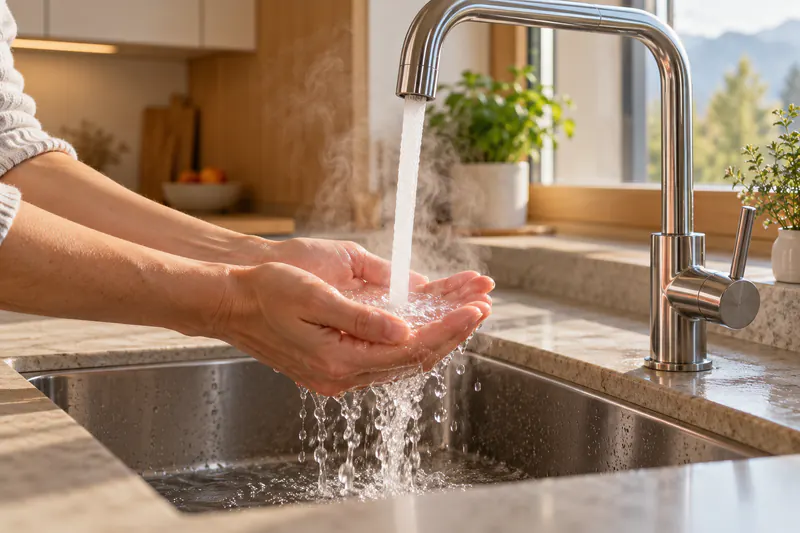 Warmes Wasser aus dem Küchenhahn, bereitet von einer Brauchwasser-Wärmepumpe