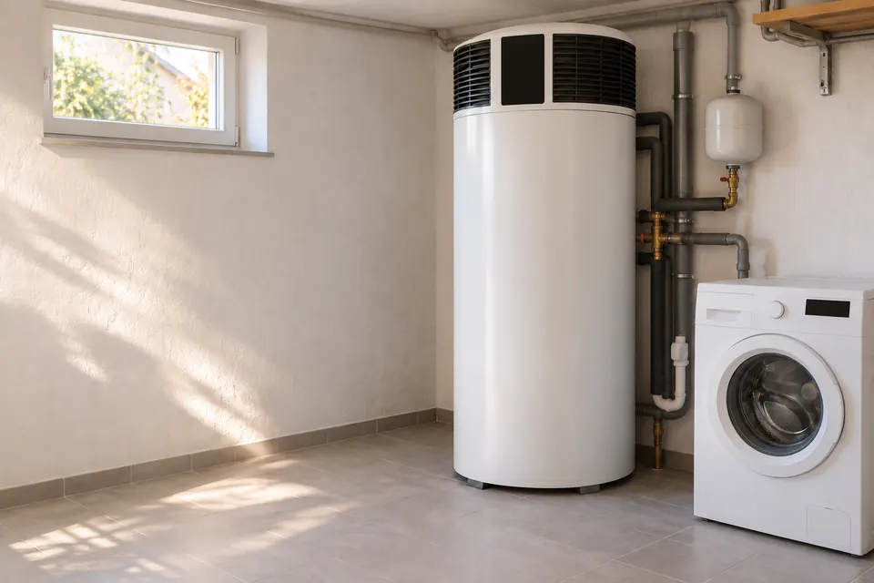Brauchwasser-Wärmepumpe mit integriertem Speicher in einem Kellerraum